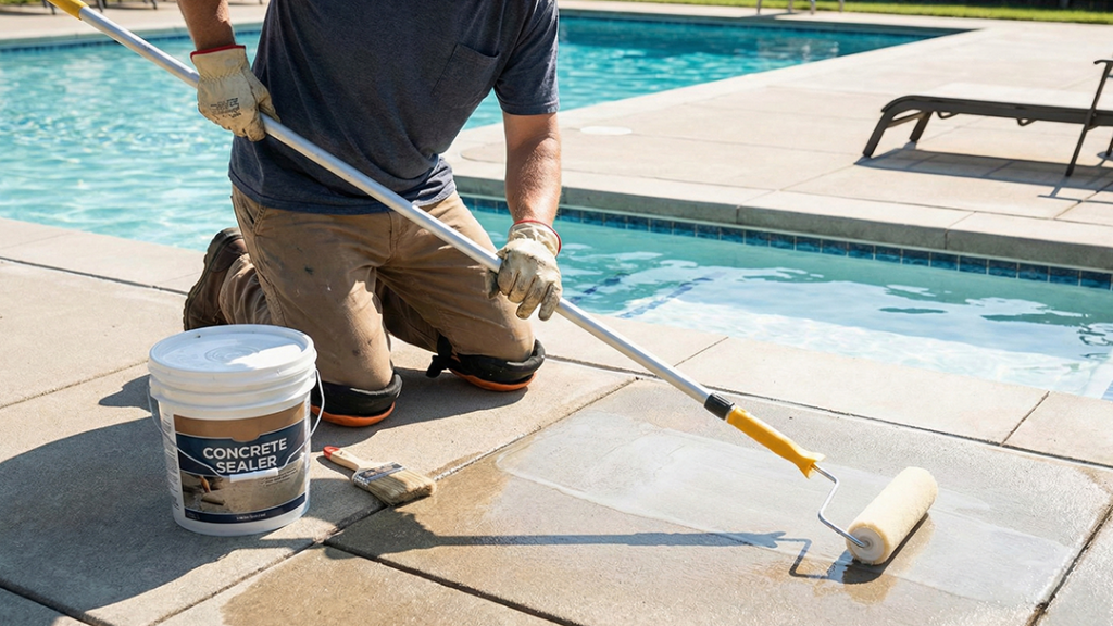 person sealing concrete